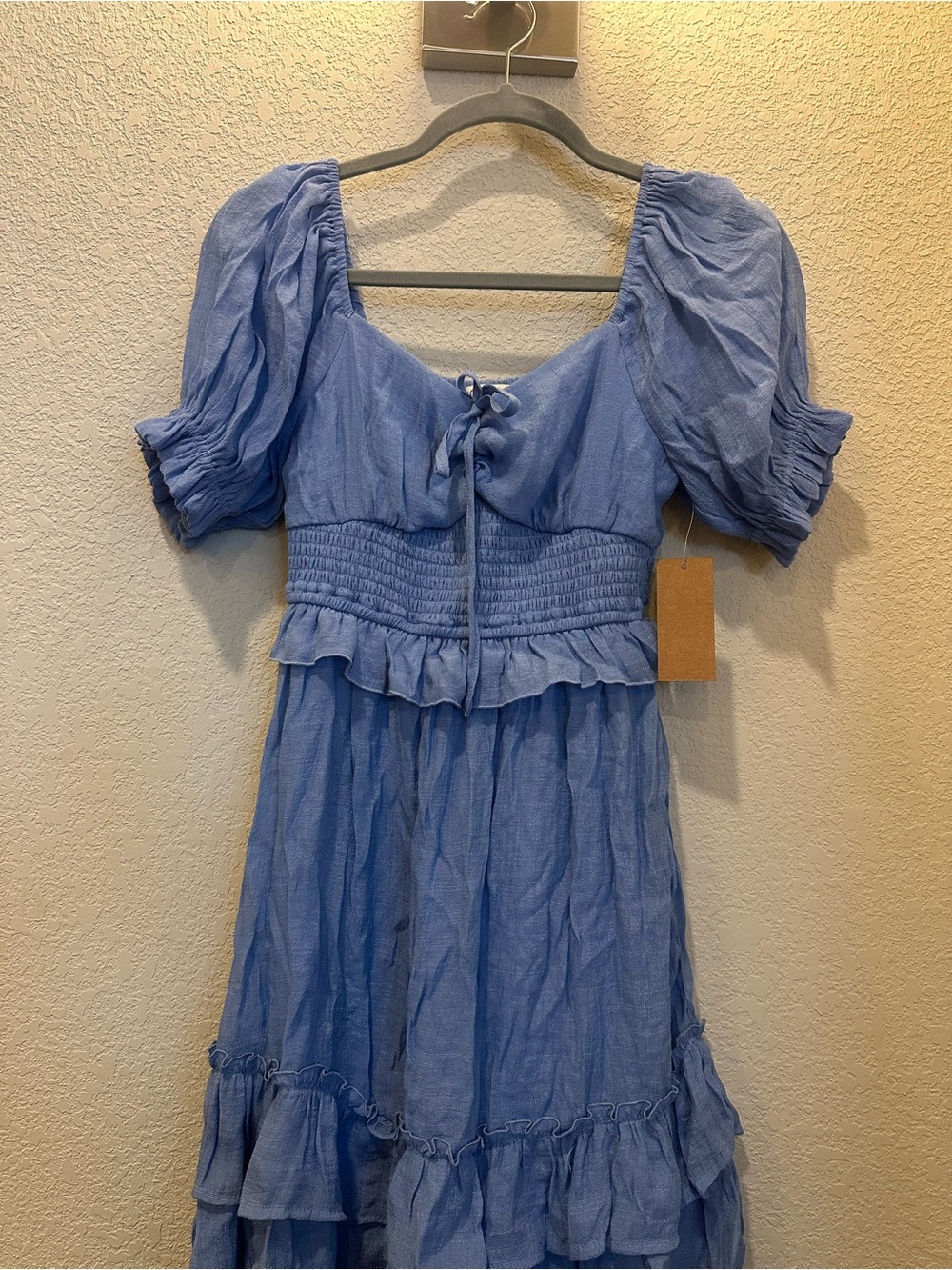 Blue Puff-Sleeve Smocked Waist Midi Dress